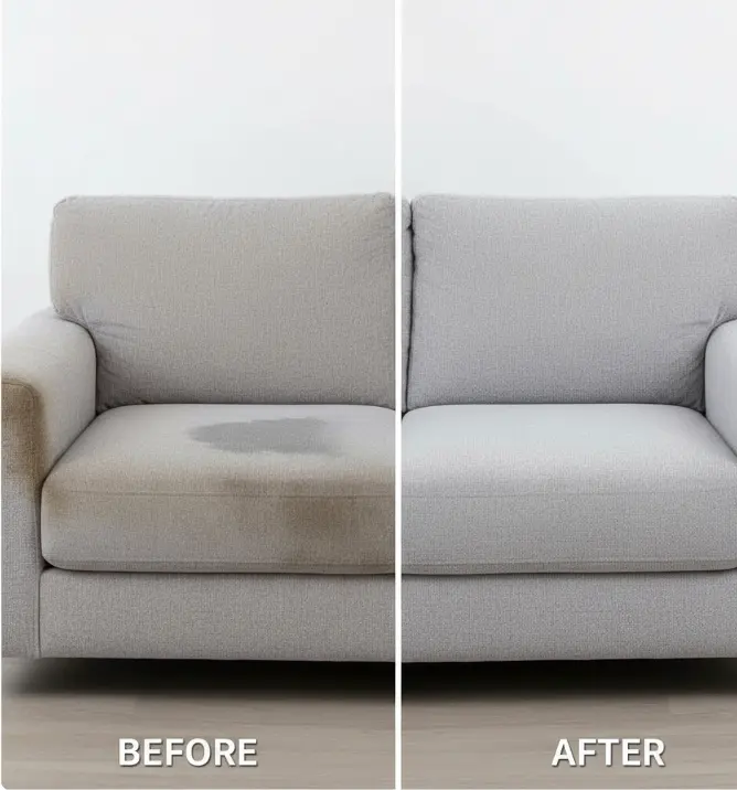 Before and after professional microfiber couch cleaning showing dramatic improvement in appearance and texture