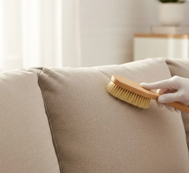 Demonstrating proper brushing technique to restore microfiber couch nap using a soft-bristled brush