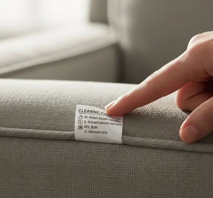 Microfiber couch cleaning code tag showing W, S, WS, and X code examples with locations where to find them