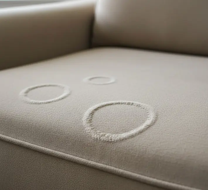 Water marks and rings on S-code microfiber couch fabric showing permanent damage from water-based cleaning