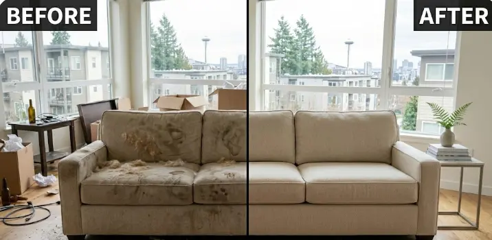 Professional move-out couch cleaning in Seattle — technician cleaning rental sofa in empty apartment before final walkthrough
