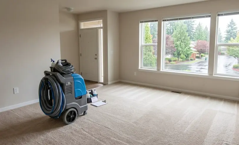 Empty military housing unit interior in Tacoma area — beige carpet and white walls ready for move-out carpet cleaning inspection