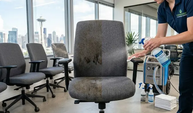 Professional office chair cleaning process in a Seattle office — technician using extraction equipment