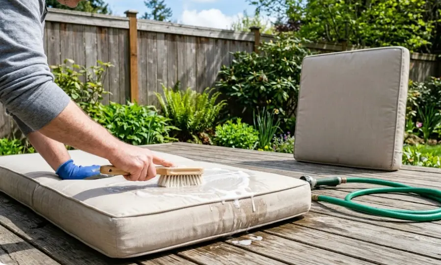 Outdoor cushion spring cleaning process after winter storage — treating both sides with oxygen bleach solution and sun-drying for Seattle patio furniture