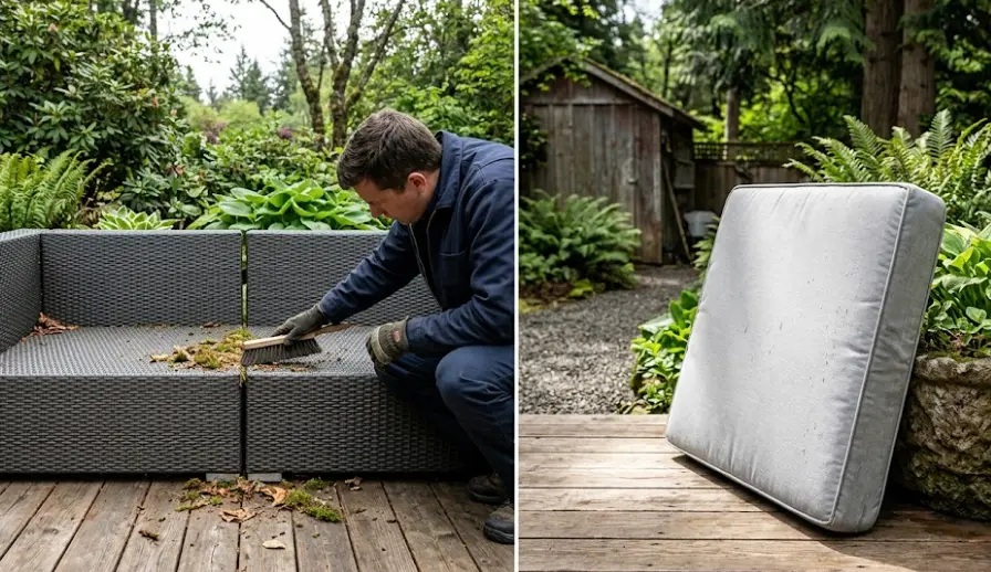Outdoor sectional sofa cleaning process — dry brushing, wet washing Sunbrella cushions and wiping aluminum frame on Seattle patio