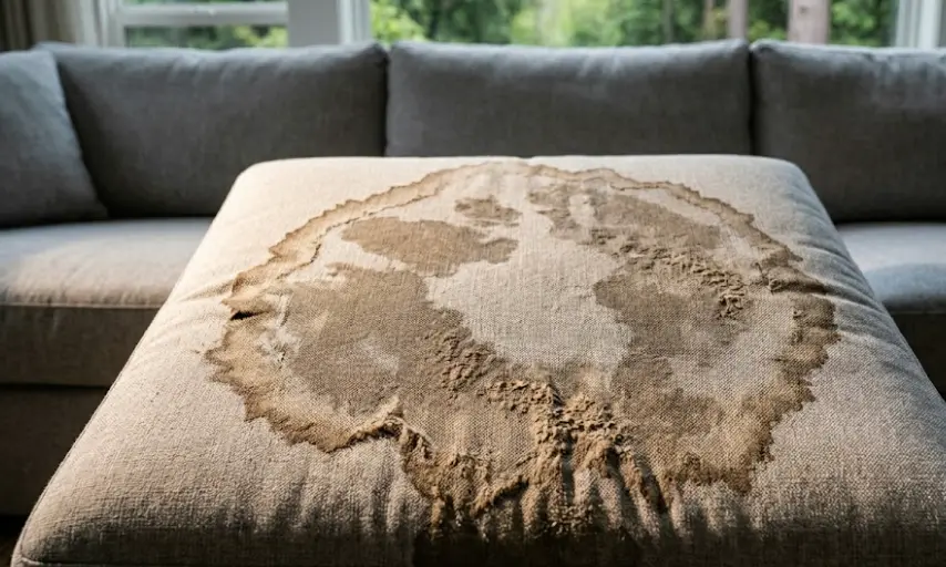 Sofa cushion showing water ring damage and tide mark from DIY over-wetting during home upholstery cleaning attempt