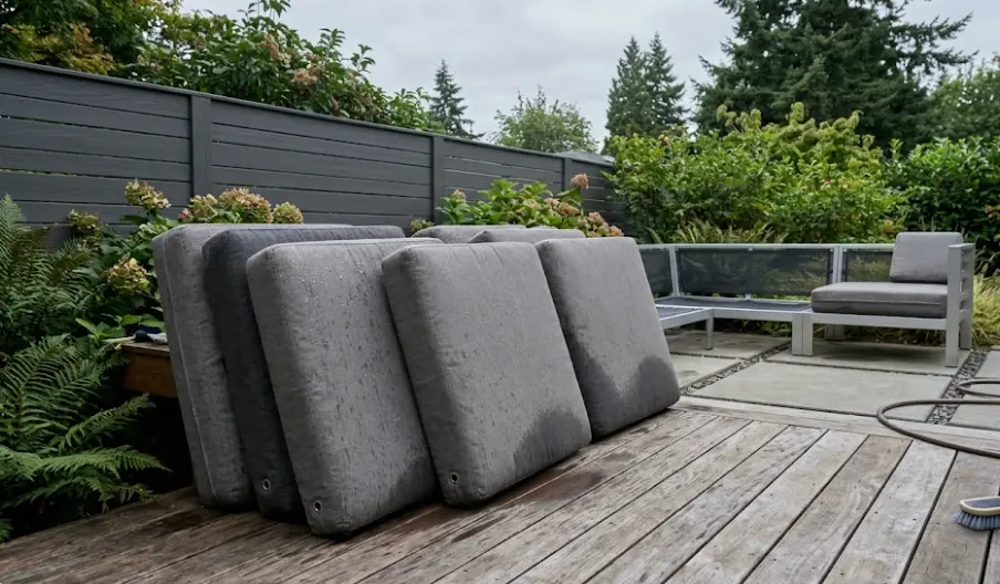 Patio sectional deep clean — cleaning the frame and drying outdoor sofa cushions on edge in Seattle backyard