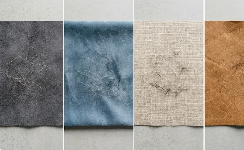 Four couch fabric types — microfiber, velvet, linen, leather — showing different pet hair removal approaches for each
