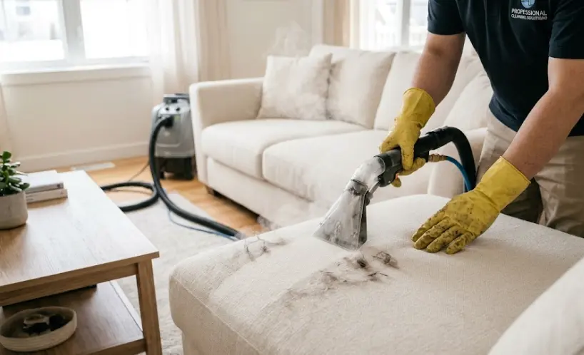 Professional upholstery cleaning service removing embedded pet hair and dander from couch cushions — extraction cleaning equipment