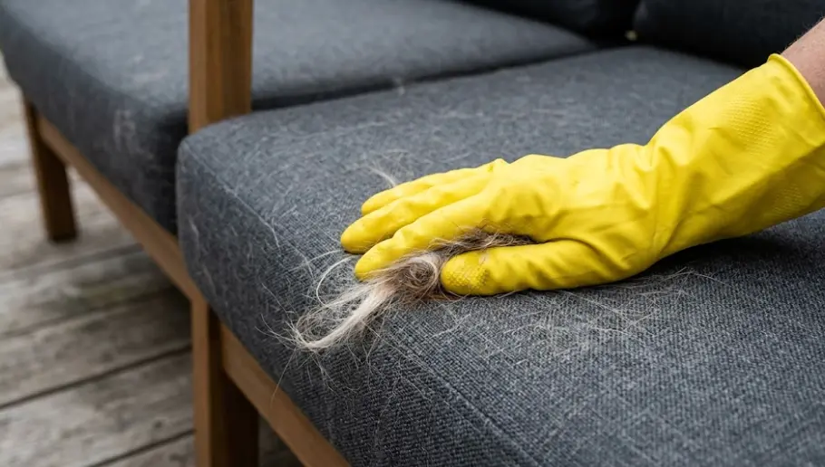 Removing pet hair from outdoor patio cushions using rubber glove — effective technique for Sunbrella and outdoor fabric