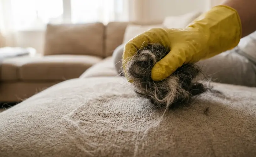 Rubber glove method for removing pet hair from couch cushions — hair clumping during removal from microfiber upholstery
