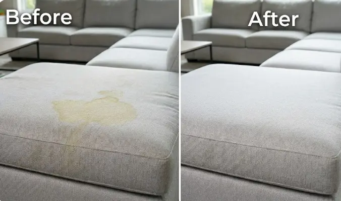 Sofa before and after professional pet urine odor removal — couch fabric restored, smell permanently eliminated