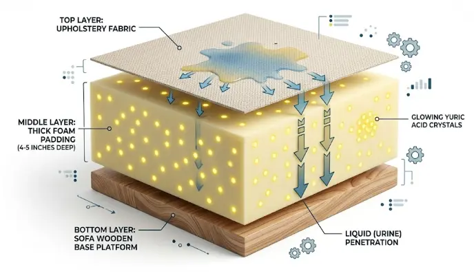 Diagram showing how pet urine penetrates through couch fabric into foam padding and base layers — why surface cleaning fails