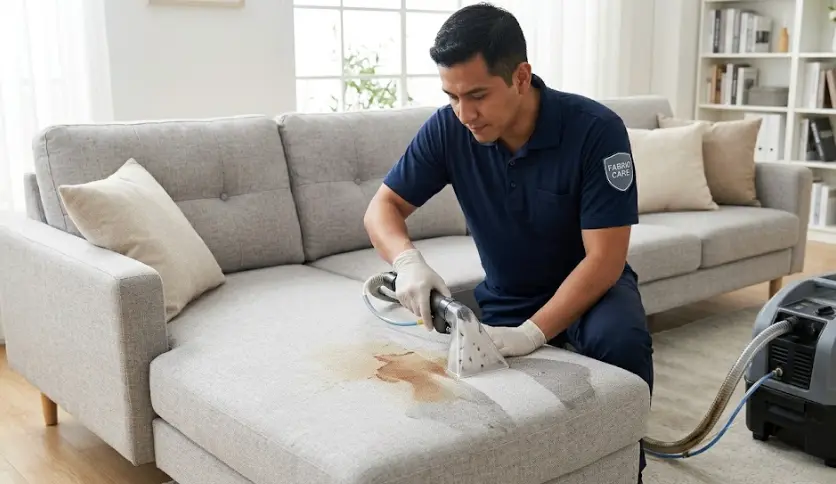 Professional technician performing coffee stain sofa removal — enzyme treatment and hot water extraction on upholstery