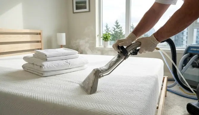 Professional mattress cleaning process in Seattle — hot water extraction removing allergens from queen mattress