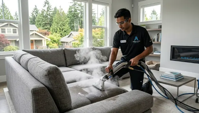 Professional upholstery cleaning removing allergens from a fabric sofa — hot water extraction in a Seattle home