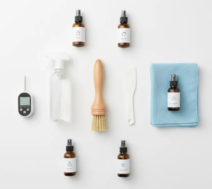 Professional upholstery cleaning tools laid out — brushes, sprayer, moisture meter, spatula