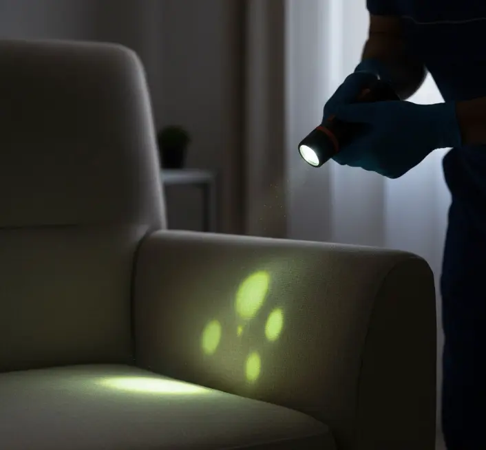 Technician using UV black light to detect hidden stains on upholstered armchair