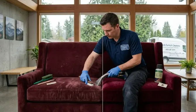 Professional velvet sofa cleaning — technician using specialist low-moisture technique on a navy velvet couch with pile restoration