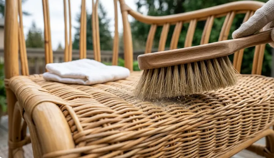 Cleaning natural rattan wicker patio chair with a soft bristle brush using light soap solution