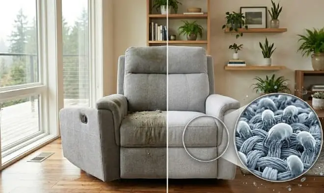 Dust mites and allergens inside recliner upholstery shown under microscope — invisible threats in armchair fabric
