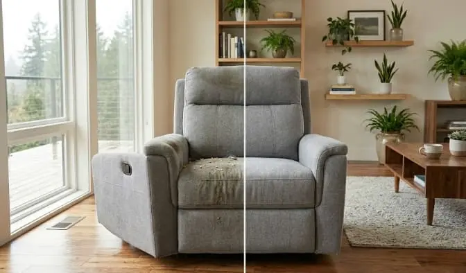 Recliner chair before and after professional upholstery cleaning — fabric restored from soiled to fresh
