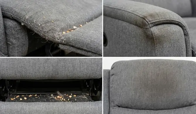 Close-up macro photos showing hidden dirt zones inside a recliner chair — footrest folds, armrest seams, cushion gaps and headrest contamination