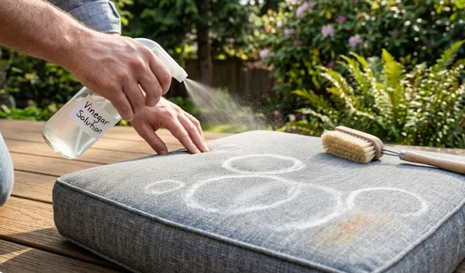 Removing mineral deposits and hard water stains from outdoor cushions — applying vinegar solution and scrubbing Sunbrella fabric