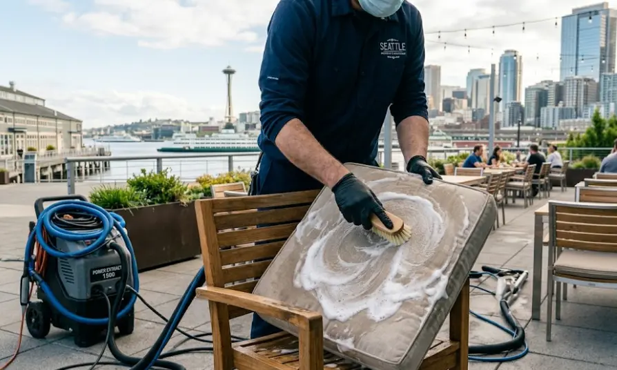 Professional restaurant patio furniture deep cleaning in Seattle — commercial outdoor seating cleaning before summer service