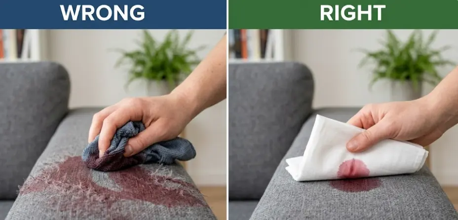 Demonstration of wrong couch cleaning technique — rubbing a stain on fabric sofa versus correct blotting method