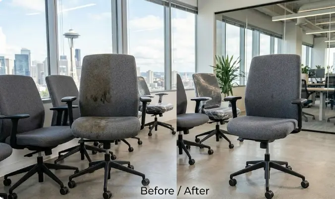 Before and after office chair cleaning in Seattle — commercial upholstery cleaning results