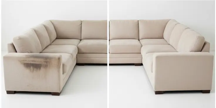 Before and after results of professional sectional couch deep cleaning showing dramatic improvement