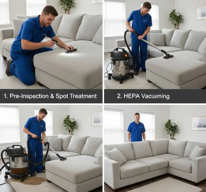 Step-by-step professional sectional couch cleaning process showing technician working on L-shaped sofa