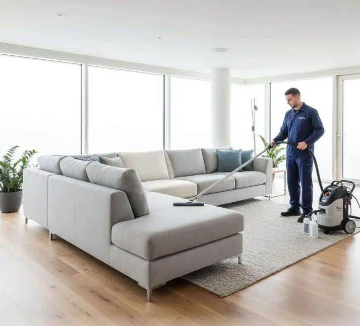 Professional deep cleaning of a large sectional couch in a Seattle home