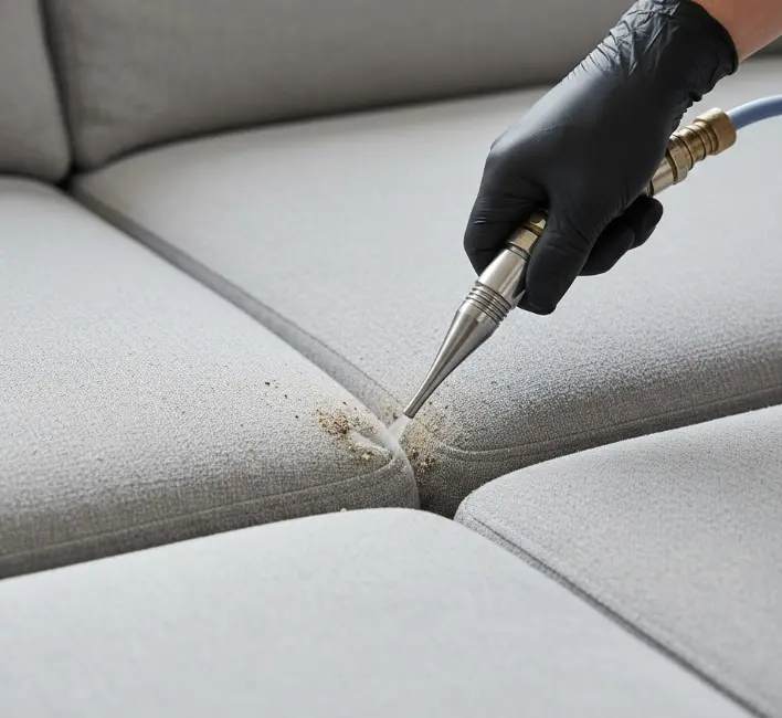 Technician treating hidden stain zones in sectional couch crevices and between sections