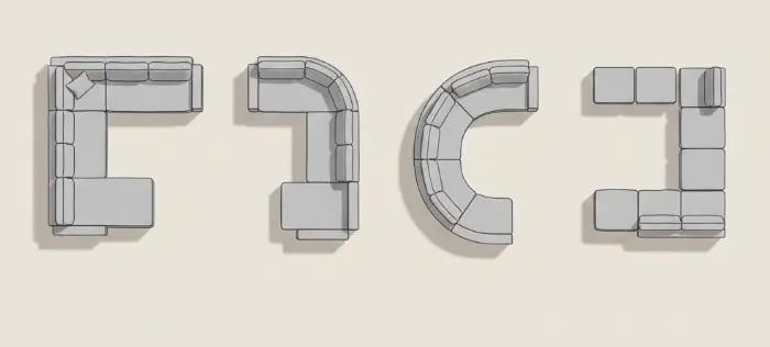 Different types of sectional sofas including L-shaped, U-shaped, curved, and modular configurations