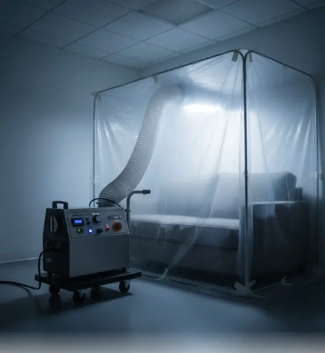 Professional six-step smoke odor removal treatment process being performed on upholstered furniture