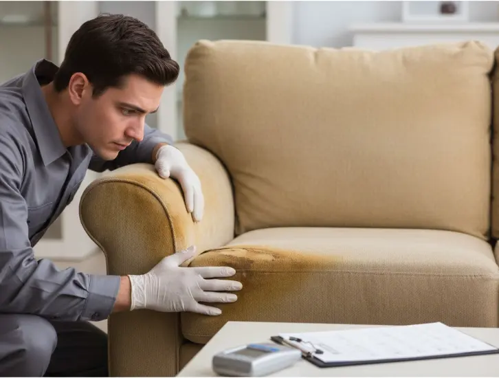 Professional technician assessing smoke-damaged upholstered furniture for restoration potential