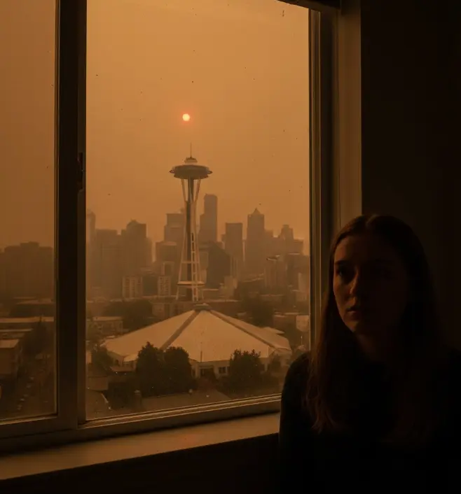 Seattle skyline obscured by wildfire smoke with homes and furniture at risk of smoke infiltration
