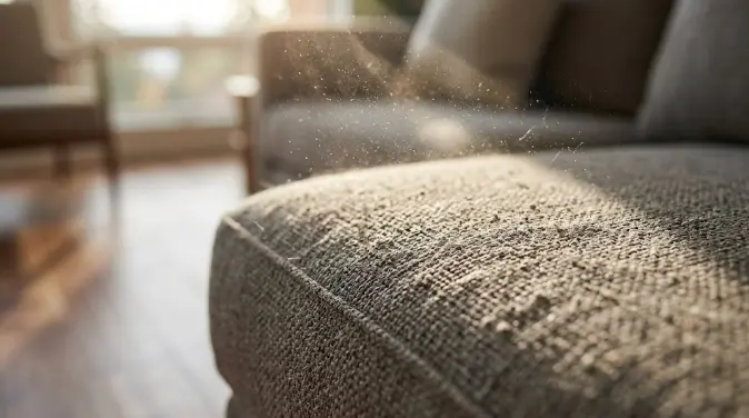 Allergens and dust mites trapped in sofa upholstery fibers