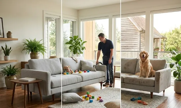 Sofa cleaning frequency guide showing recommended schedules for different household types