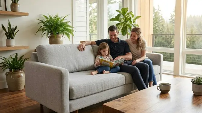 Homeowner maintaining sofa between professional cleanings for a healthy home