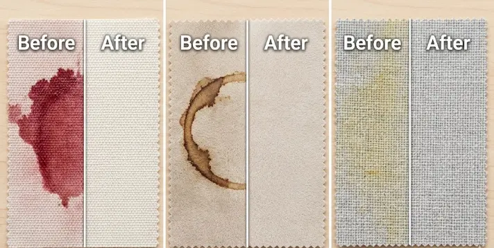 Before and after sofa stain removal — professional upholstery cleaning results on different stain types