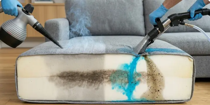 Diagram comparing true steam cleaning and hot water extraction methods for upholstery — showing how each penetrates fabric differently