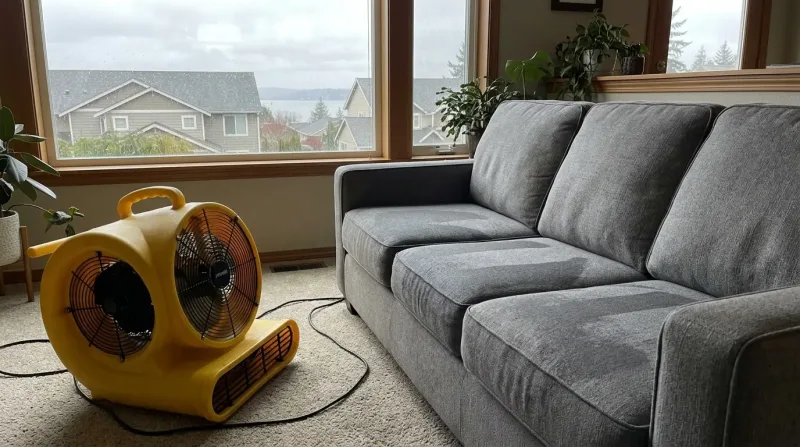 Air movers placed on upholstered sofa after same-day cleaning in Tacoma home to accelerate drying time