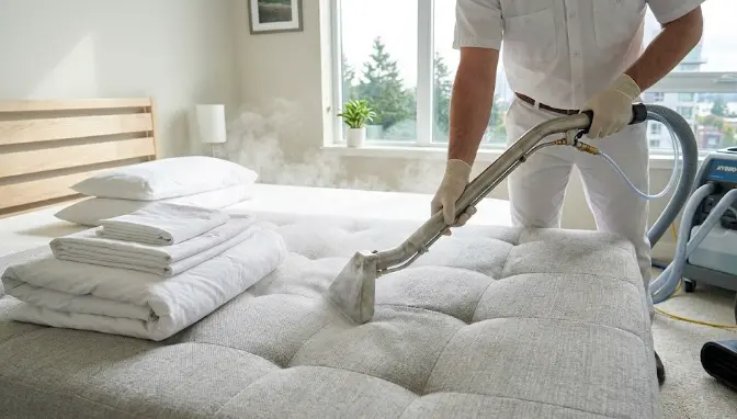 Professional upholstered bed headboard cleaning in Seattle — technician cleaning fabric headboard for allergy prevention