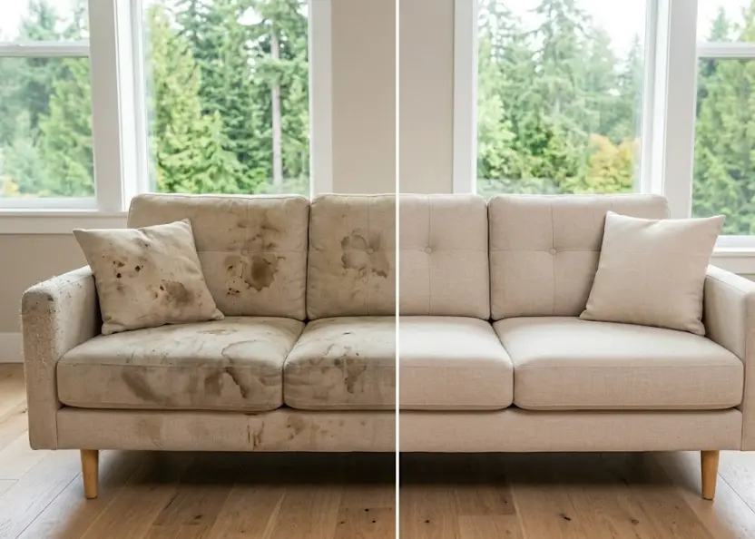 Before and after professional upholstery cleaning Seattle — sofa restored from heavy soiling to fresh clean fabric