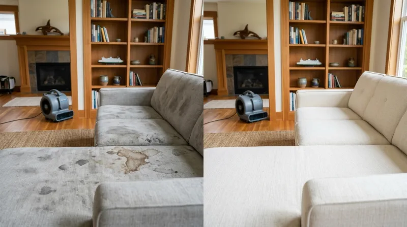 Sofa before and after professional upholstery cleaning in Tacoma WA