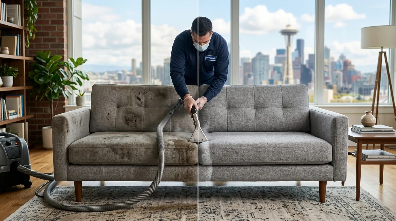Upholstery cleaning technician applying enzyme pre-treatment to a dog-soiled sofa cushion in Seattle