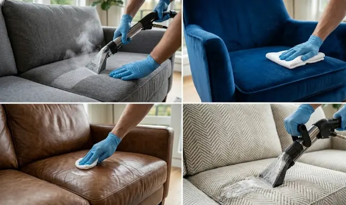 Guide to upholstery cleaning methods by fabric type — microfiber, leather, velvet, fabric sofa cleaning comparison